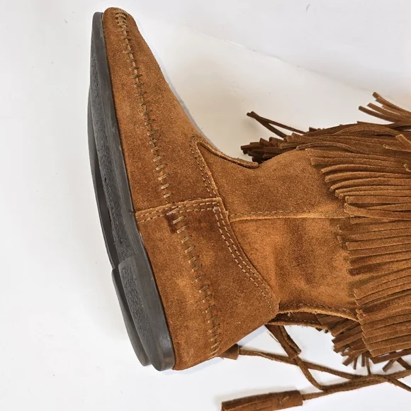 Minnetonka Double Fringe Suede Moccasin Indie Boho Boots Brown Size 5 - Picture 15 of 16